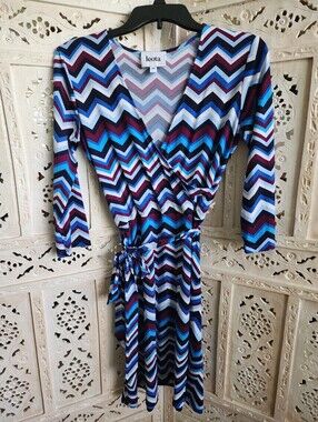 Leota Blue Maroon White Chevron Faux Wrap Dress- Petite Small